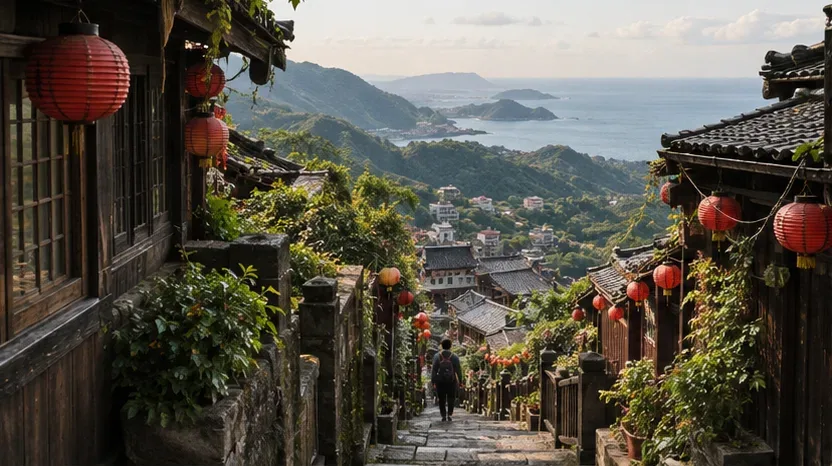 Editorial illustration of a lantern-lined lane in a Taiwanese mountain town