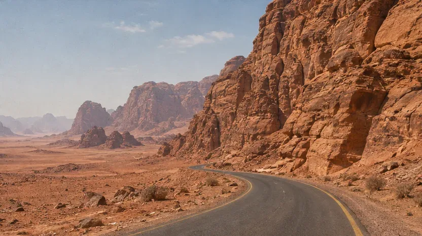 Editorial illustration of a desert road between Jordanian sandstone cliffs