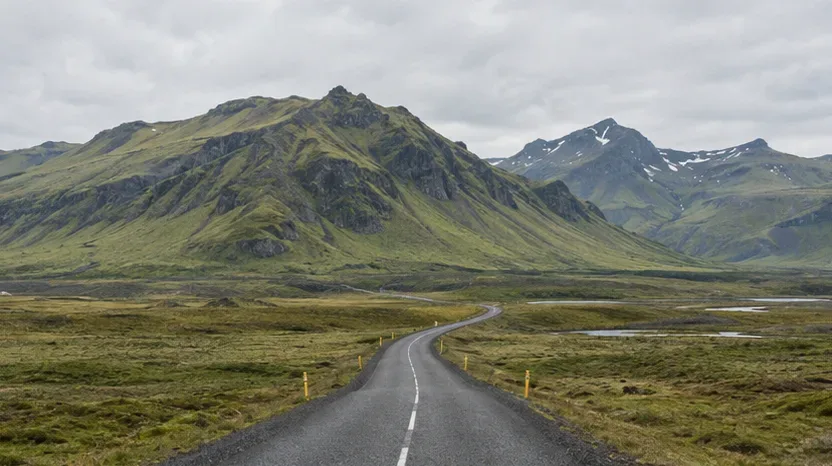 Editorial illustration of an open road through green Icelandic mountains