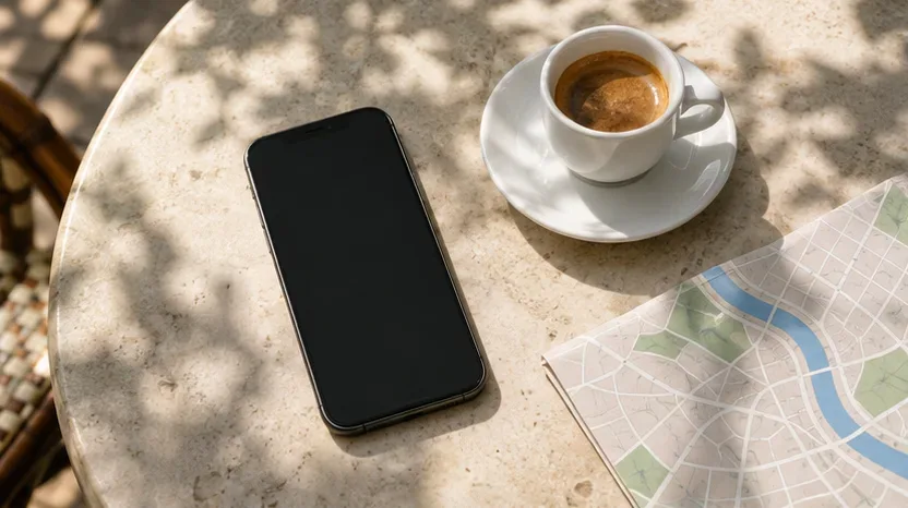 AI-generated editorial illustration of a phone, espresso and folded city map on a café table