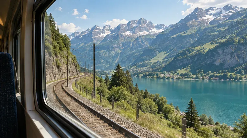 AI-generated editorial illustration of an Alpine lake viewed through a train window