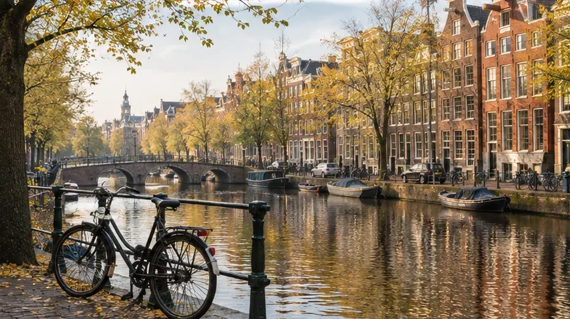 Editorial illustration of Amsterdam canal houses and a bicycle